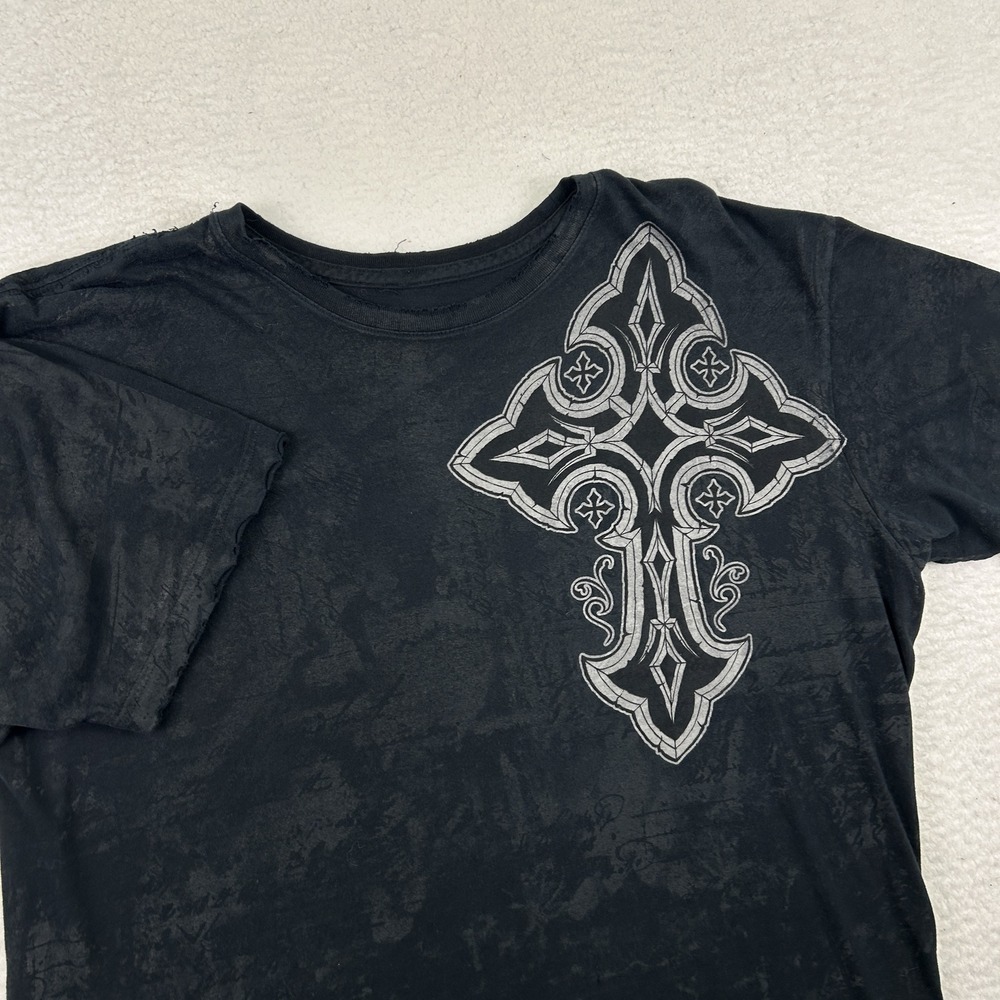 Vtg Affliction Shirt Mens XL Live‎ Fast Cross AOP Graphic Distressed Y2K Grunge - Picture 4 of 11